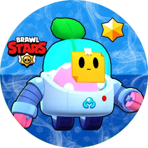 Kulatý jedlý obrázek na dort – Brawl Stars, robot Sprout s lístečkem (modrá, bílá, žlutá)