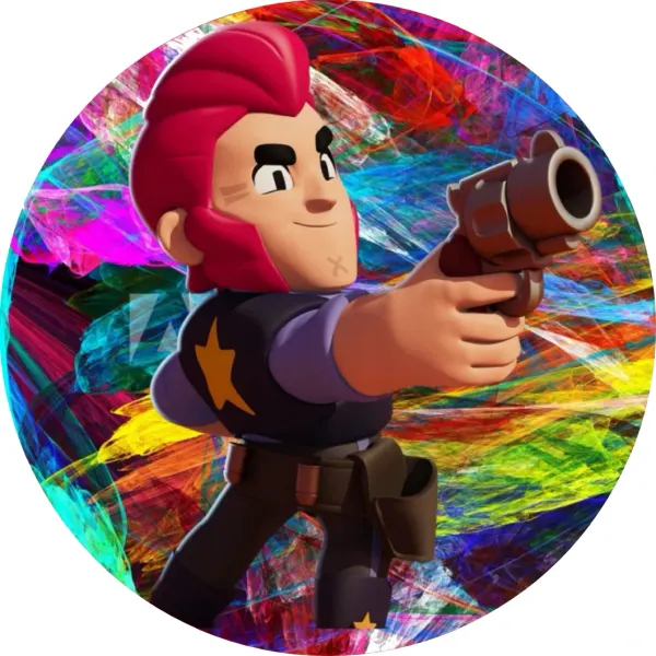 Kulatý jedlý obrázek na dort – Brawl Stars, pistolník Colt v barevném kouři (duhová, červená, modrá)