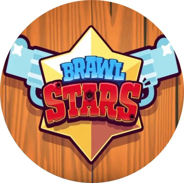 Kulatý jedlý obrázek na dort – Brawl Stars, šerifská hvězda na dřevě (hnědá, žlutá, modrá)