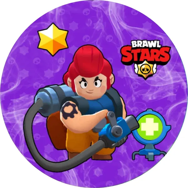 Kulatý jedlý obrázek na dort – Brawl Stars, zrzavá Pam s léčivou věží (fialová, červená, modrá)