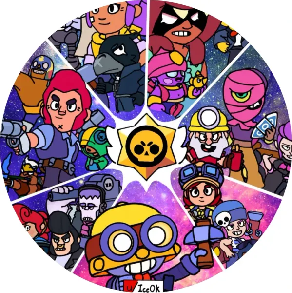 Kulatý jedlý obrázek na dort – Brawl Stars, barevné výseče s brawlery (fialová, modrá, růžová)