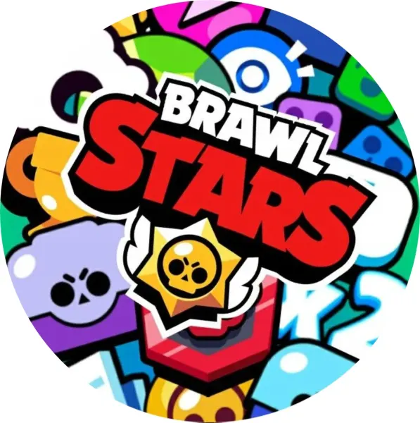 Kulatý jedlý obrázek na dort – Brawl Stars, velké logo a herní emotikony (červená, modrá, zelená)