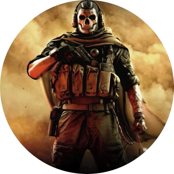 Kulatý jedlý obrázek na dort – Call of Duty, Ghost s lebkovou maskou (hnědá, černá, šedá)