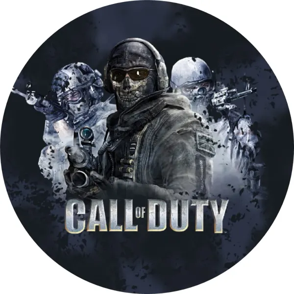 Kulatý jedlý obrázek na dort – Call of Duty, voják s maskou lebky a tým (černá, šedá, bílá)