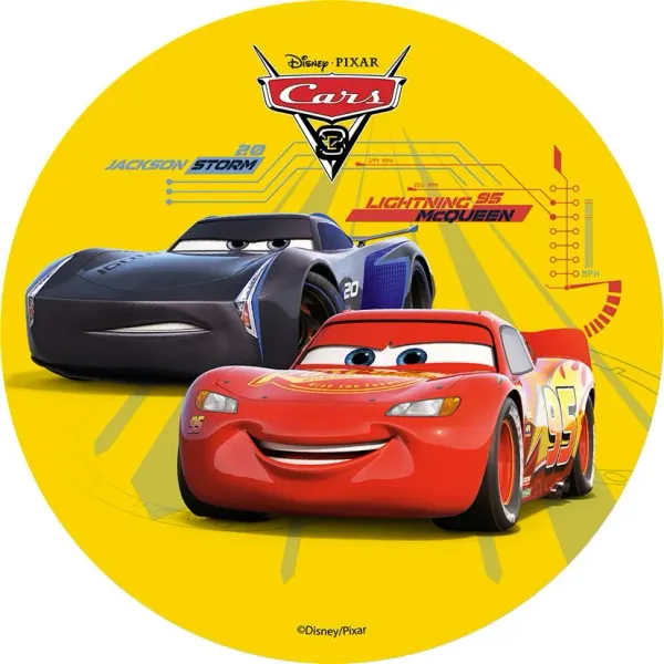Kulatý jedlý obrázek na dort – Cars, McQueen a Jackson Hrom (žlutá, červená, černá)