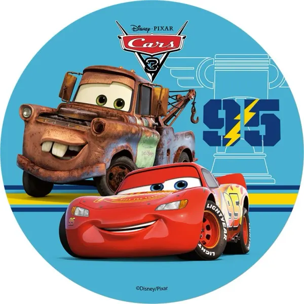 Kulatý jedlý obrázek na dort – Cars, McQueen a Burák se Zlatým pístem (modrá, červená, hnědá)