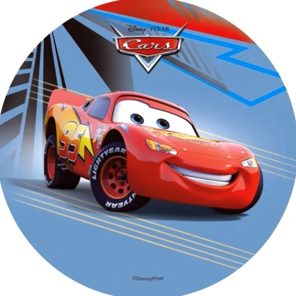 Kulatý jedlý obrázek na dort – Cars, McQueen na modré dráze (červená, modrá, žlutá)