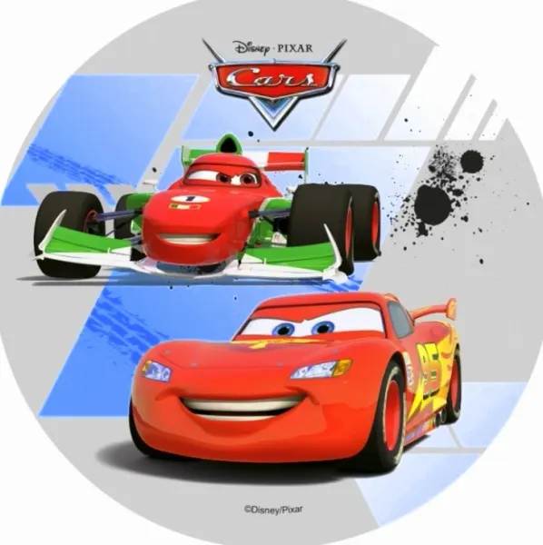 Kulatý jedlý obrázek na dort – Cars, Blesk McQueen a Francesco Bernoulli (červená, šedá, zelená)