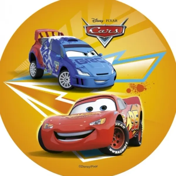 Kulatý jedlý obrázek na dort – Cars, McQueen a modré rallye auto (žlutá, červená, modrá)