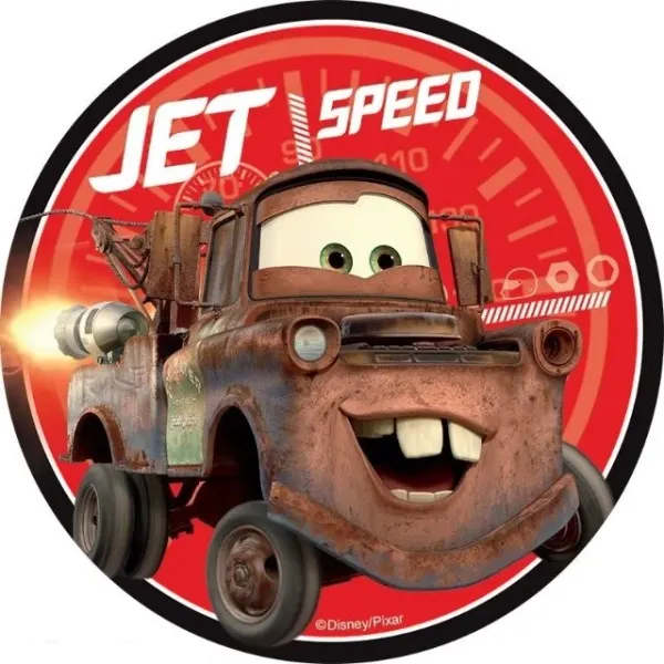 Kulatý jedlý obrázek na dort – Cars, Burák s raketovým pohonem Jet Speed (červená, hnědá, černá)
