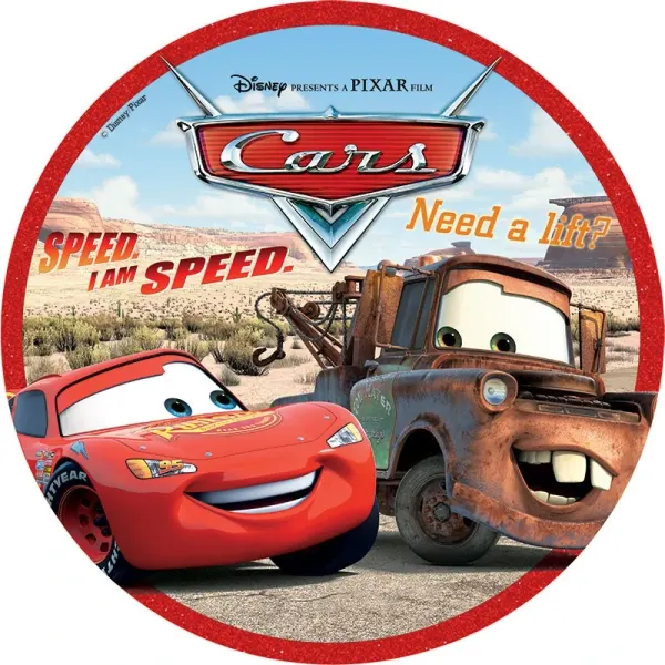 Kulatý jedlý obrázek na dort – Cars, McQueen a Burák v poušti (červená, hnědá, modrá)