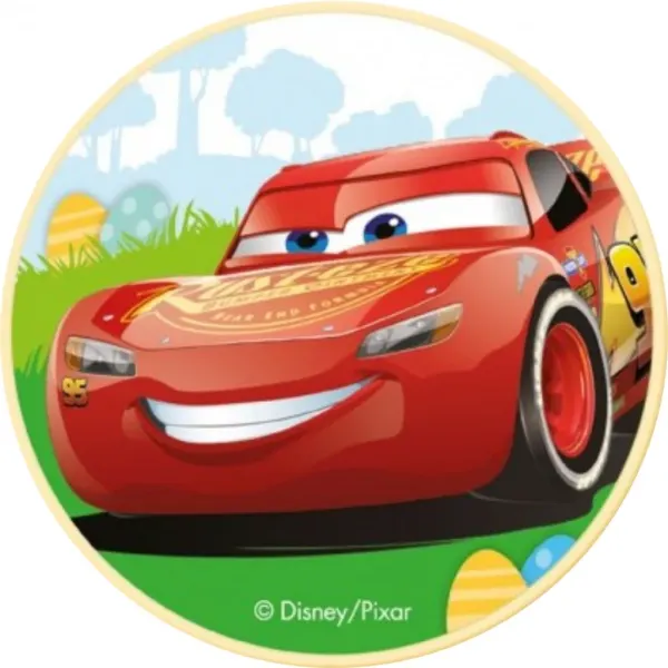 Kulatý jedlý obrázek na dort – Cars, McQueen na louce s vajíčky (červená, zelená, modrá)