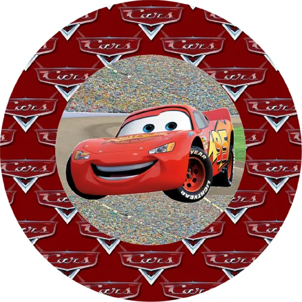 Kulatý jedlý obrázek na dort – Cars, Blesk McQueen před tribunami (červená, černá, stříbrná)
