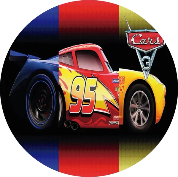 Kulatý jedlý obrázek na dort – Cars, McQueen, Jackson Hrom a Cruz Ramirez (červená, modrá, žlutá)