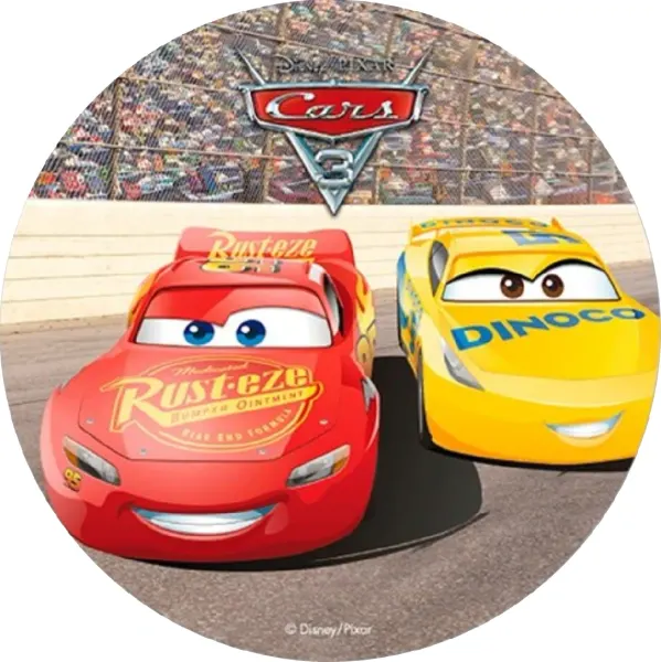 Kulatý jedlý obrázek na dort – Cars, McQueen a Cruz Ramirezová na okruhu (červená, žlutá, šedá)