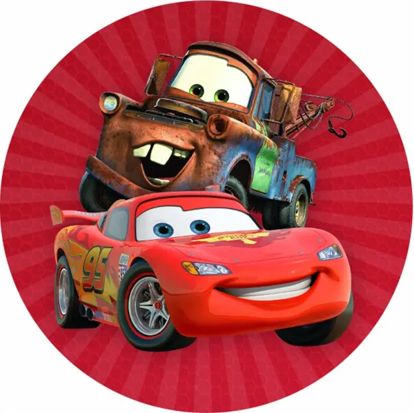 Kulatý jedlý obrázek na dort – Cars, McQueen a Burák na červeném pozadí (červená, hnědá, modrá)