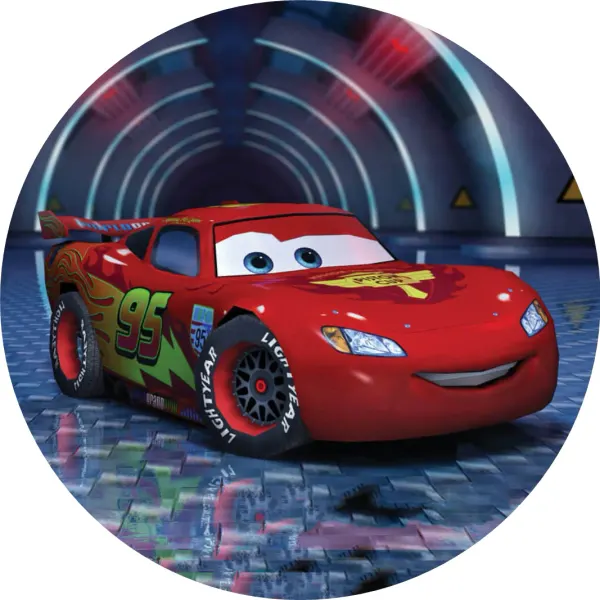 Kulatý jedlý obrázek na dort – Cars, McQueen ve svítícím tunelu (červená, modrá, šedá)