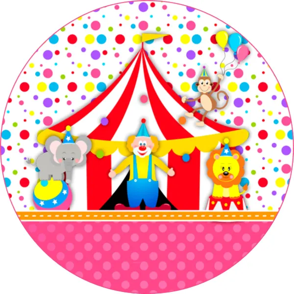 Kulatý jedlý obrázek na dort – Cirkus (červená, žlutá, růžová)