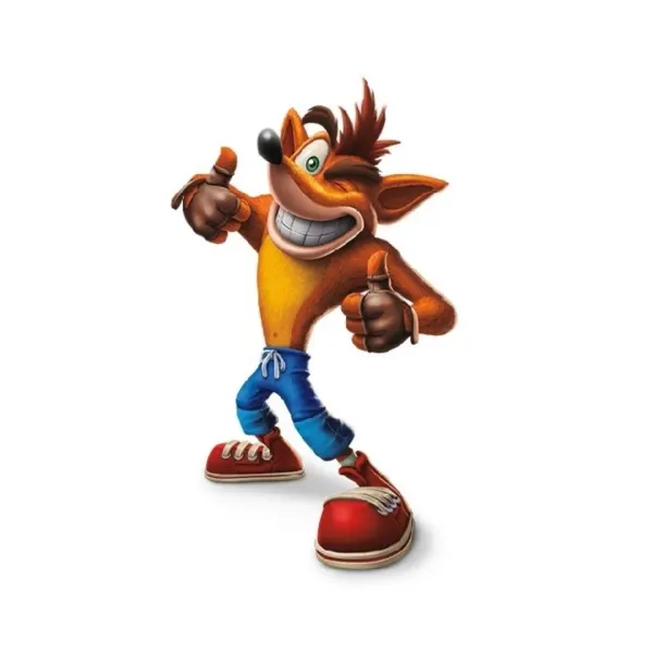 Kulatý jedlý obrázek na dort – Crash Bandicoot, palce nahoru na bílém (žlutá, modrá, červená)