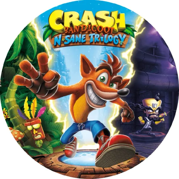 Kulatý jedlý obrázek na dort – Crash Bandicoot, skok z portálu a Aku Aku (modrá, zelená, červená)