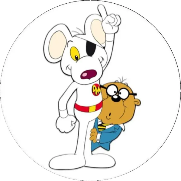 Kulatý jedlý obrázek na dort – Danger Mouse, a Penfold na bílém podkladu (bílá, modrá, červená)