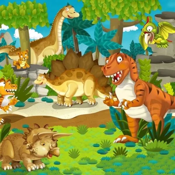 Kulatý jedlý obrázek na dort – Dinosauři, parta ještěrů v zelené džungli (zelená, červená, hnědá)