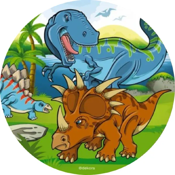 Kulatý jedlý obrázek na dort – Dinosauři, modrý T-Rex a triceratops (modrá, zelená, hnědá)