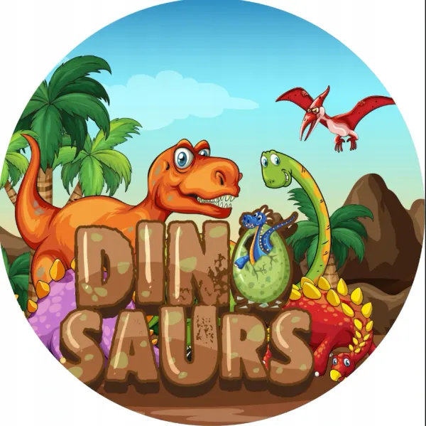 Kulatý jedlý obrázek na dort – Dinosauři, kamenný nápis a líhnoucí se mládě (zelená, modrá, hnědá)