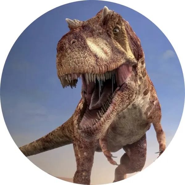 Kulatý jedlý obrázek na dort – Dinosaurus Rex (hnědá, modrá, bílá)