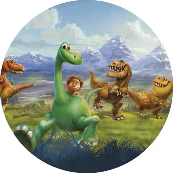Kulatý jedlý obrázek na dort – Hodný dinosaurus, Arlo, Špunt a tyranosauři (zelená, modrá, hnědá)