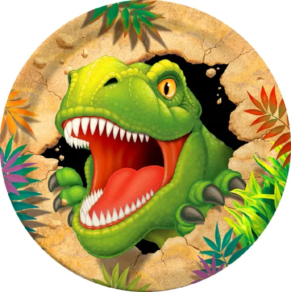 Kulatý jedlý obrázek na dort – Dinosaurus, zelený T-Rex ve skále s listy (zelená, hnědá, červená)