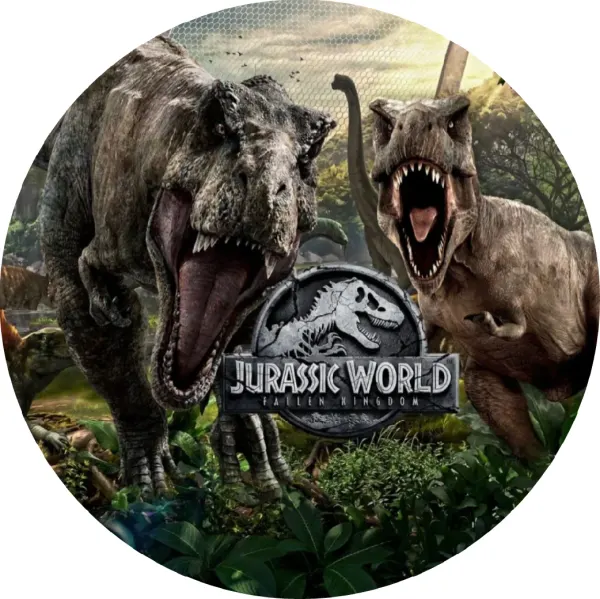 Kulatý jedlý obrázek na dort – Dinosauři, Jurský park (zelená, hnědá, šedá)