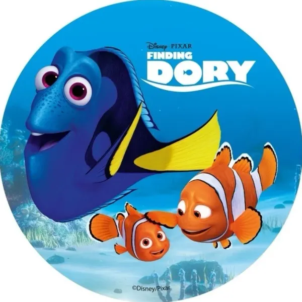 Kulatý jedlý obrázek na dort – Hledá se Dory, Dory, Nemo a Marlin u dna (modrá, tyrkysová, žlutá)