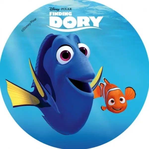 Kulatý jedlý obrázek na dort – Hledá se Dory, Dory a Nemo pod hladinou (modrá, žlutá, červená)