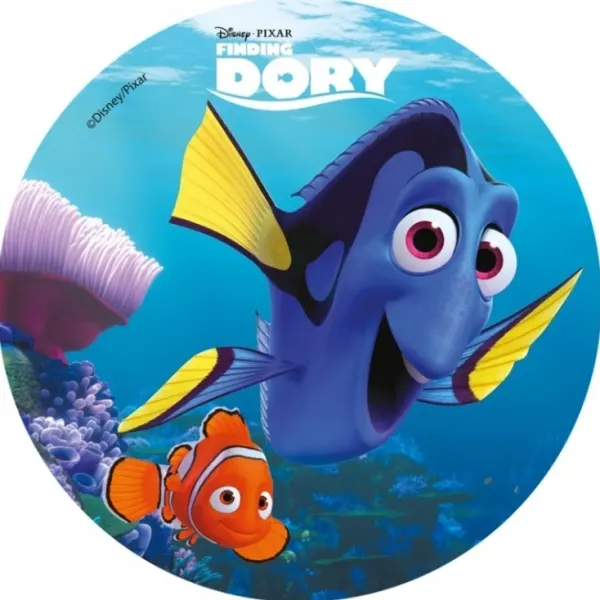 Kulatý jedlý obrázek na dort – Hledá se Dory, Dory a Nemo u růžových korálů (modrá, žlutá, červená)