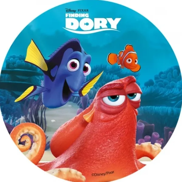 Kulatý jedlý obrázek na dort – Hledá se Dory, Dory, Nemo a chobotnice Hank (modrá, červená, tyrkysová)