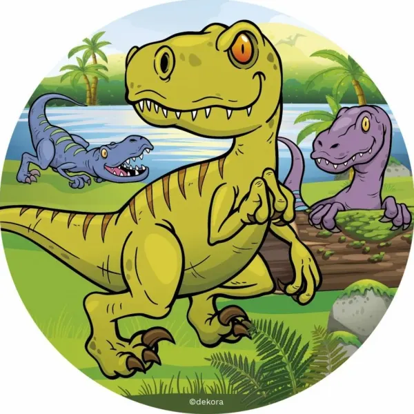 Kulatý jedlý obrázek na dort – Dinosaurek (zelená, žlutá, modrá)