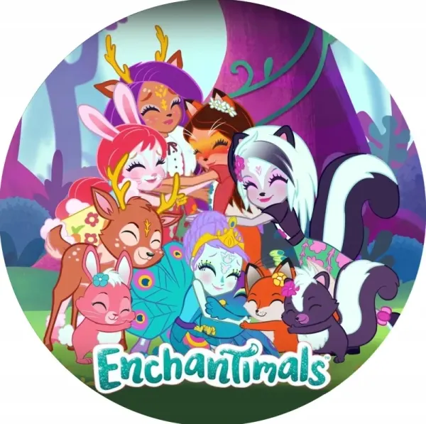 Kulatý jedlý obrázek na dort – Enchantimals, kamarádky v kouzelném lese (růžová, fialová, tyrkysová)