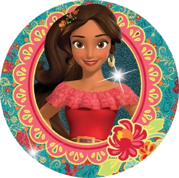 Kulatý jedlý obrázek na dort – Elena z Avaloru, v rámečku s tyrkysovým pozadím (červená, tyrkysová, růžová)