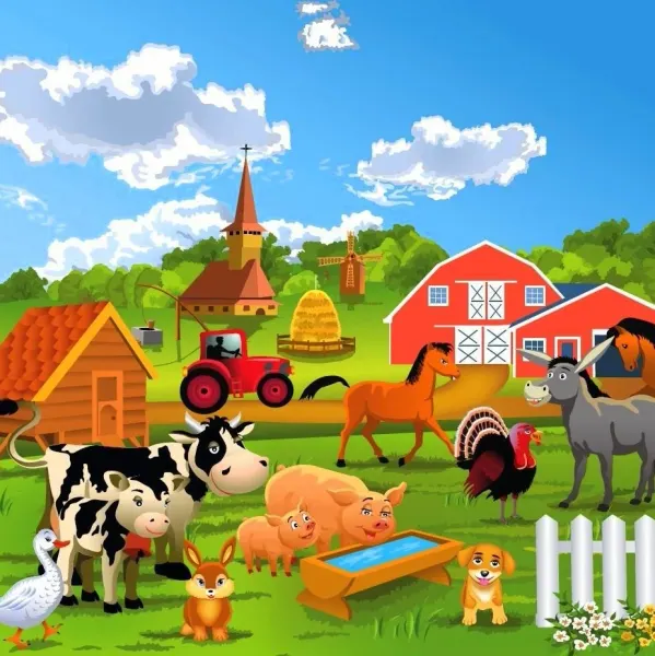 Kulatý jedlý obrázek na dort – Farmářská zvířátka, statek s traktorem (zelená, modrá, červená)