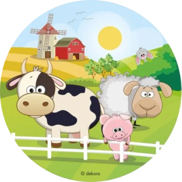 Kulatý jedlý obrázek na dort – Zvířátka na farmě (zelená, modrá, žlutá)