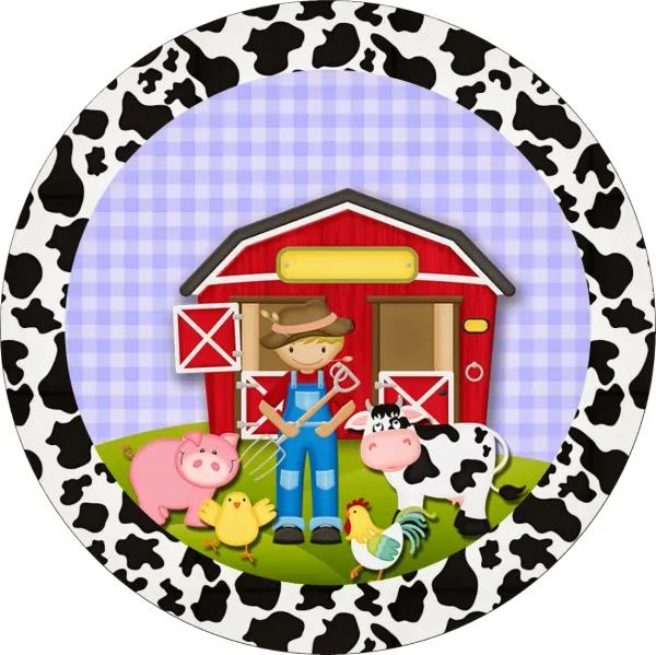 Kulatý jedlý obrázek na dort – Farmář a zvířátka (červená, zelená, černá)