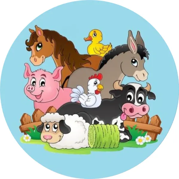 Kulatý jedlý obrázek na dort – Farmářská zvířátka, parta u balíku sena (modrá, hnědá, růžová)
