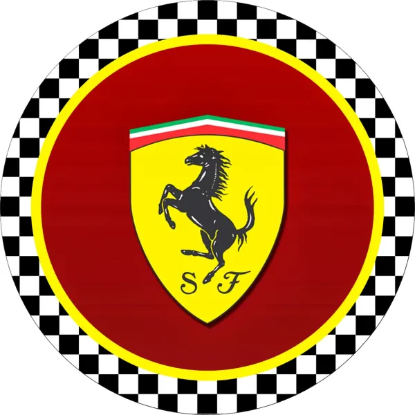 Kulatý jedlý obrázek na dort – Ferrari, znak SF a šachovnicový okraj (červená, žlutá, černá)