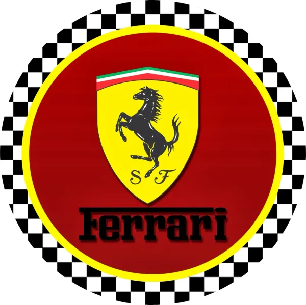 Kulatý jedlý obrázek na dort – Ferrari, nápis, žlutý štít a šachovnice (červená, žlutá, černá)