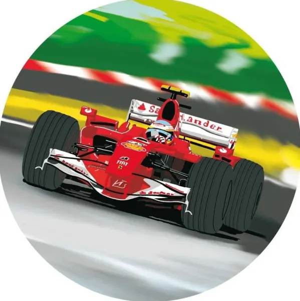 Kulatý jedlý obrázek na dort – Formule, červený vůz, žluto-zelené pozadí (červená, zelená, černá)