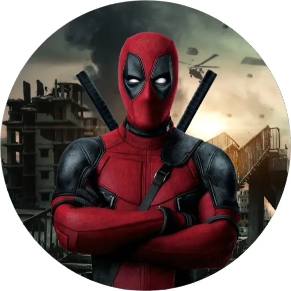 Kulatý jedlý obrázek na dort – Deadpool, se zkříženýma rukama v troskách (červená, černá, šedá)