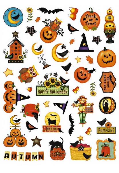List jedlých koleček na cupcakes – Halloween, strašák do zelí, sovy a dýně (žlutá, černá, hnědá)
