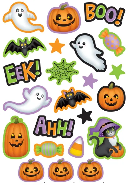 List jedlých koleček na cupcakes – Halloween, nápisy BOO, EEK a kočka v klobouku (žlutá, fialová, zelená)