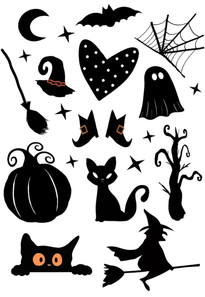 Obdélníkový jedlý papír k výřezu – Halloween, černé siluety s duchem a kočkou (černá, bílá)